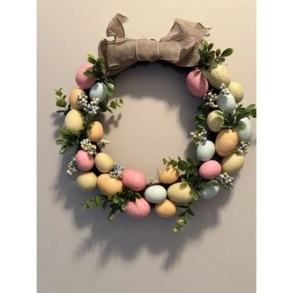 Easter Egg Grapevine Wreath Pastel Eggs Burlap Bow Spring Door Decor 15”
